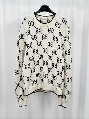 Authentic Gucci Cream Crewneck Sweater with Black GG Monogram
